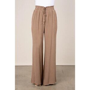 Allie Rose Striped Linen Cotton Smocked Waist Wide Leg Pant Tan White Drawstring